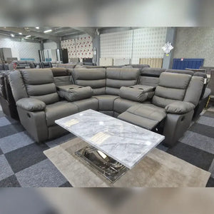 MNS Leather corner sofa in black, featuring a spacious 230cm x 230cm design and reclining functionality.