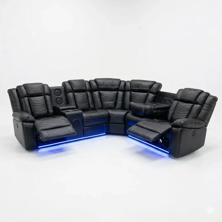 Zeus Leather Electric Recliners Corner Sofa With Cupholders