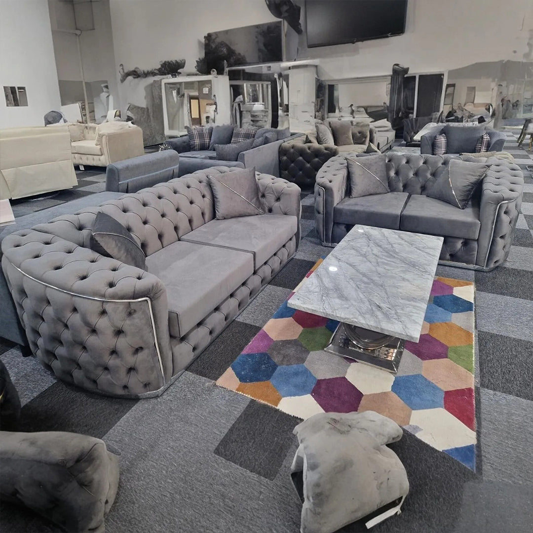 Toronto Chesterfield Sofa 3+2 Grey & Silver - Envogue Furniture