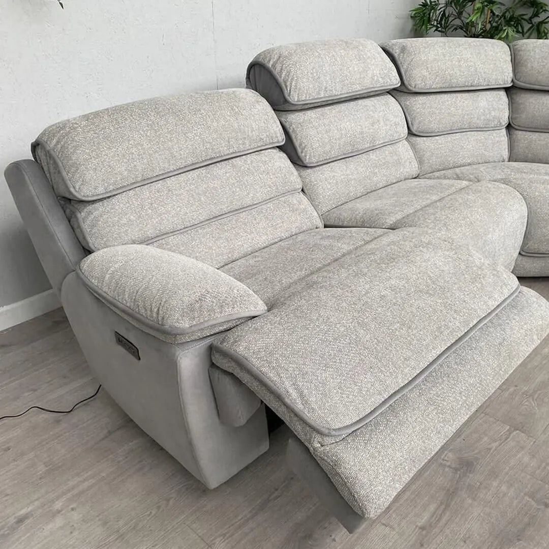 Fabric electric recliner corner sofa by My New Sofa Ltd featuring USB ports and plush cushioning, designed for comfort and style.