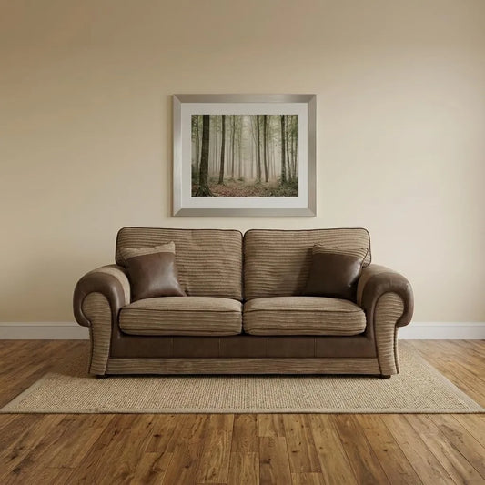 Tango 3+2 Seater Sofa Set – Jumbo Cord Fabric with Leather Detail Grey & Brown