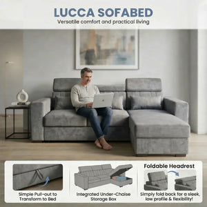 MNS Lucca sofa bed featuring a modern design, with open bed and storage compartments, in a neutral fabric finish.