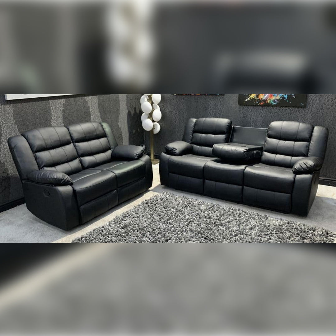 Roma Leather Recliner Sofa with Cupholders - 3+2 Seater Sofa - Black (3+2 Seater) (107)
