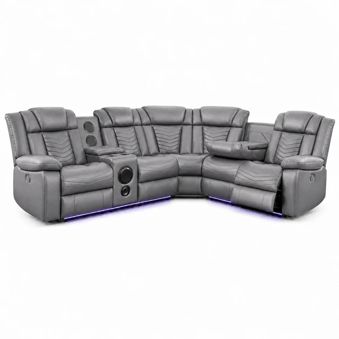 Michigan Music Leather Electric Recliners Corner Sofa + Cupholders -Black /Grey