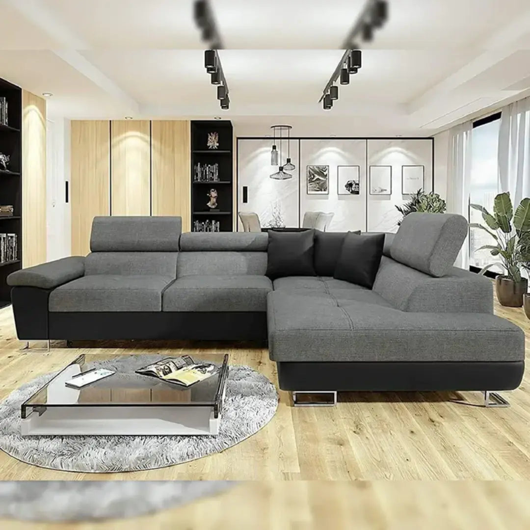 ANTON Black & Grey Fabric Corner Sofa Bed (LEFT HAND SIDE) | Double Bed | large sofas settee for living Rooms | (LEFT HAND SIDE)