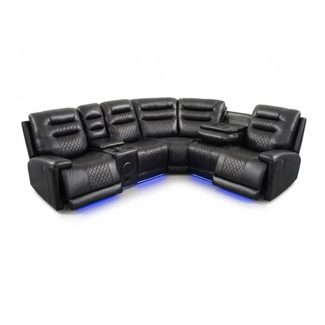 Halifax Leather Corner Sofa with Electric Recliners, LED Lights & Cupholders – Power Recliner with USB Charging Ports – Modern Black Living Room Sofa