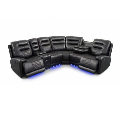 Halifax Leather Corner Sofa with Electric Recliners, LED Lights & Cupholders – Power Recliner with USB Charging Ports – Modern Black Living Room Sofa