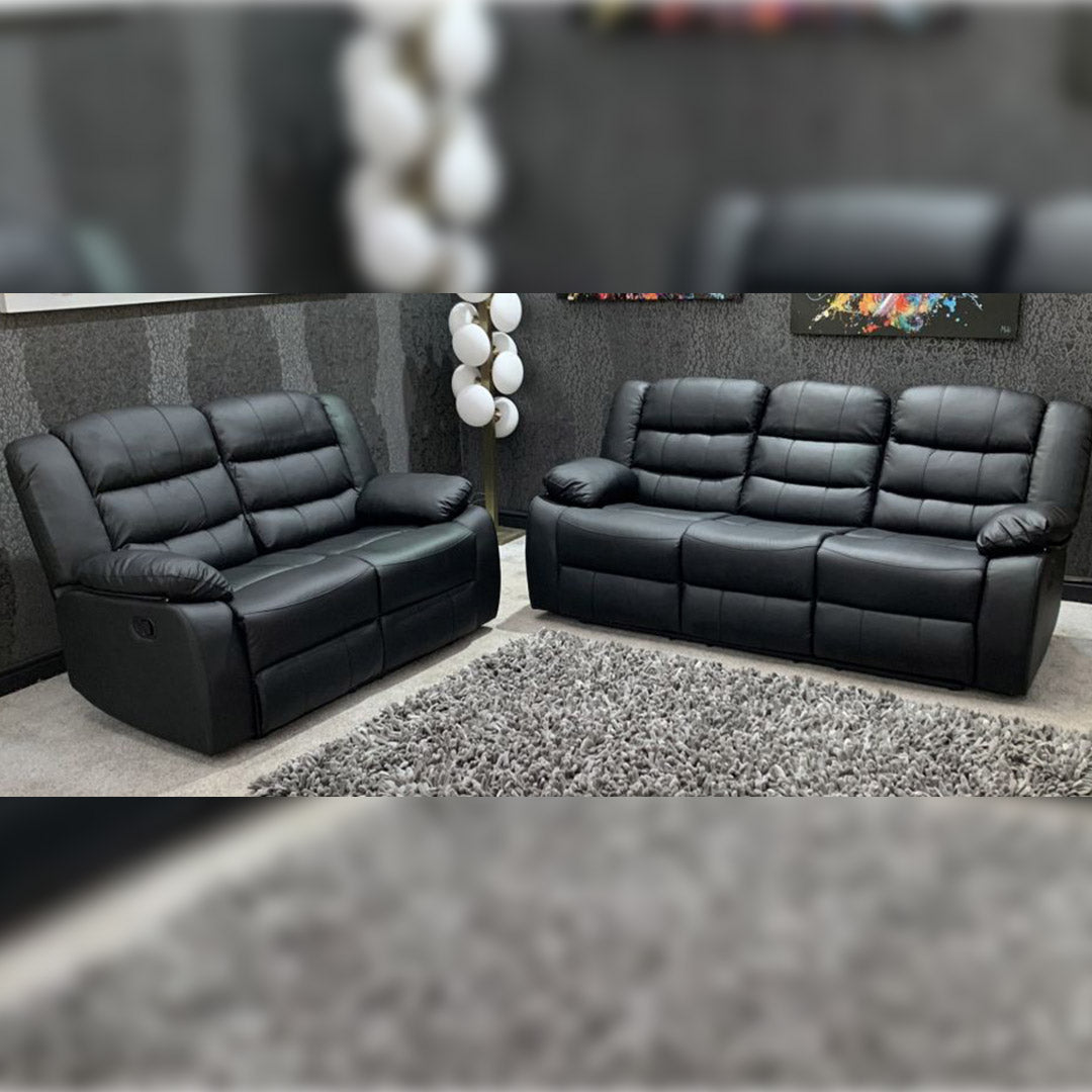 Roma Leather Recliner Sofa with Cupholders - 3+2 Seater Sofa - Black (3+2 Seater)