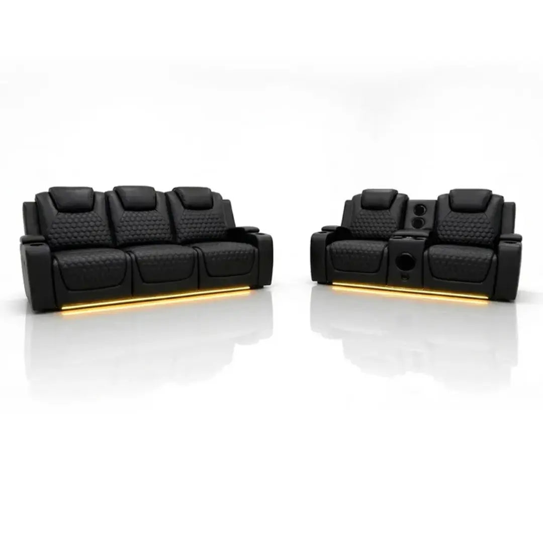 MNS Malaga leather electric recliner sofa set with cupholders, featuring a 3+2 seater arrangement and plush seating.