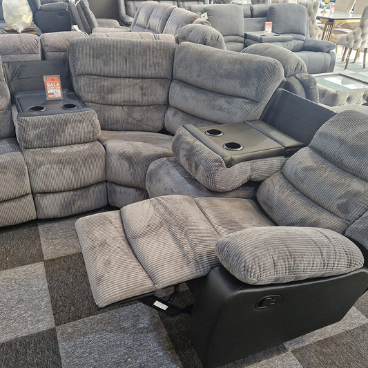 Rio Jumbo Cord Recliner Corner Sofa With Cupholders - Manual Reclining - Recliner Corner Sofa (Corner - Grey/Black)