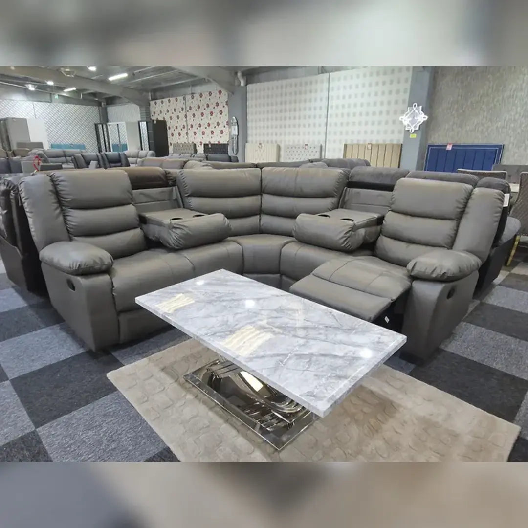 MNS Leather corner sofa in black, featuring a spacious 230cm x 230cm design and reclining functionality.