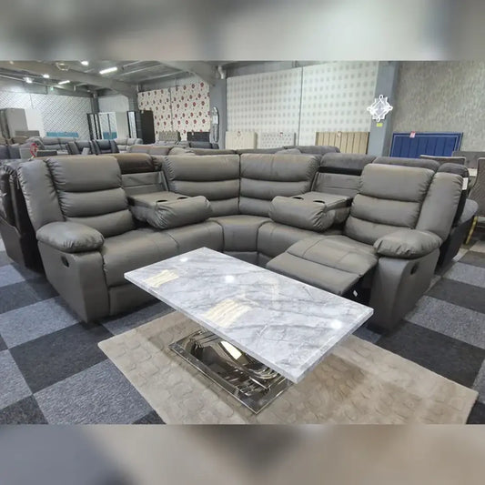 MNS Leather corner sofa in black, featuring a spacious 230cm x 230cm design and reclining functionality.