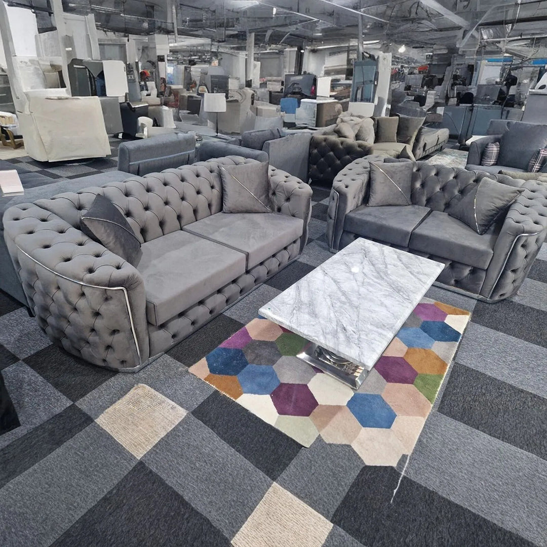Toronto Chesterfield Sofa 3+2 Grey  & Silver - Envogue Furniture