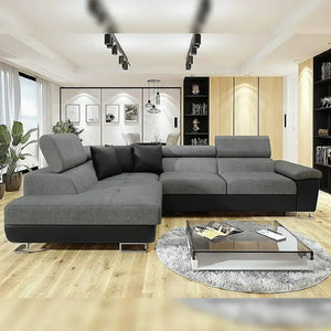 Black and grey ANTON fabric corner sofa bed by My New Sofa Ltd, showcasing left-hand and right-hand configurations.