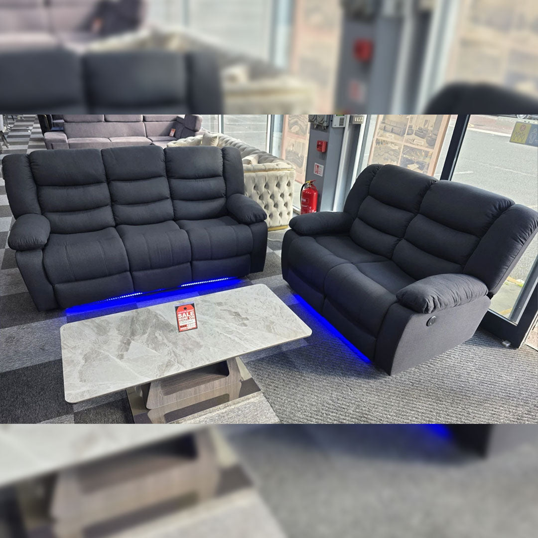 Roma Fabric Electric Recliner Sofa 3+2-Seater With USB/LED/Cup Holder Black/Grey