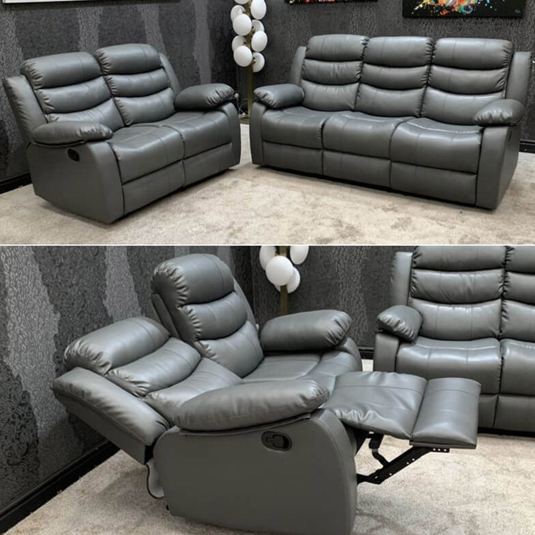 Roma Leather Recliner Sofa with Cupholders - 3+2 Seater Sofa - Grey (3+2 Seater)