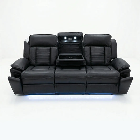 Savilla Electric Leather Recliner Sofa Set – 3+2 Seater with Cup Holders, USB & Type-C Charging Ports, LED Lighting & Wireless Charging, Black & Grey