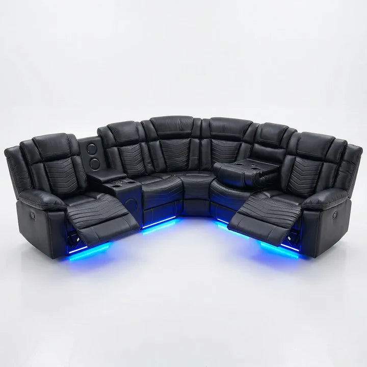 Zeus Leather Electric Recliners Corner Sofa With Cupholders