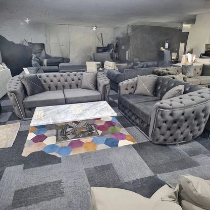 Toronto Chesterfield Sofa 3+2 Grey  & Silver - Envogue Furniture