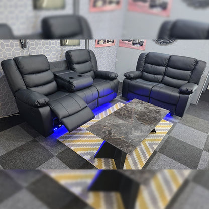 My New Sofa Ltd MNS Roma leather electric recliner sofa set with cupholders, black and grey 3+2 seater arrangement.