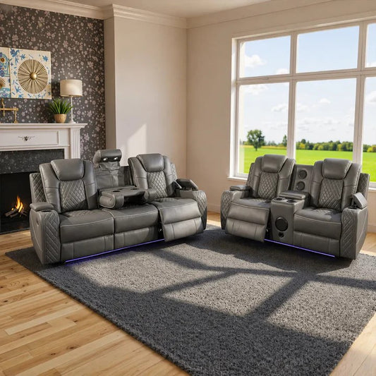 Emilay Premium Leather Electric Recliner Sofa – Luxury 3 and 2 Seater with Cooling Cupholders & Integrated Sound System