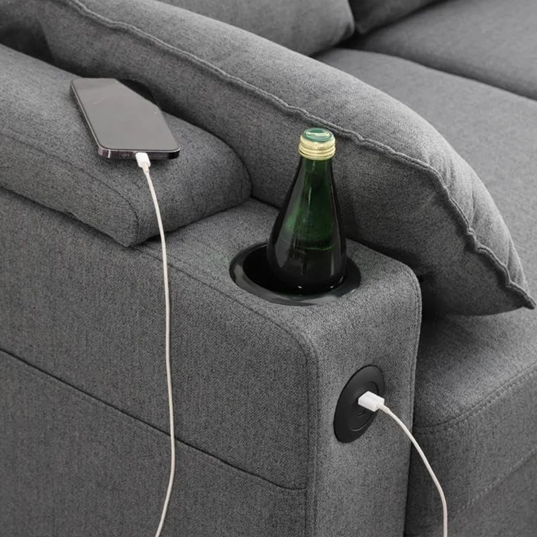 Francesca Sofa Bed (Universal) in Grey fabric - USB - Storage - Cuphoders - Bed - Magazine Pocket
