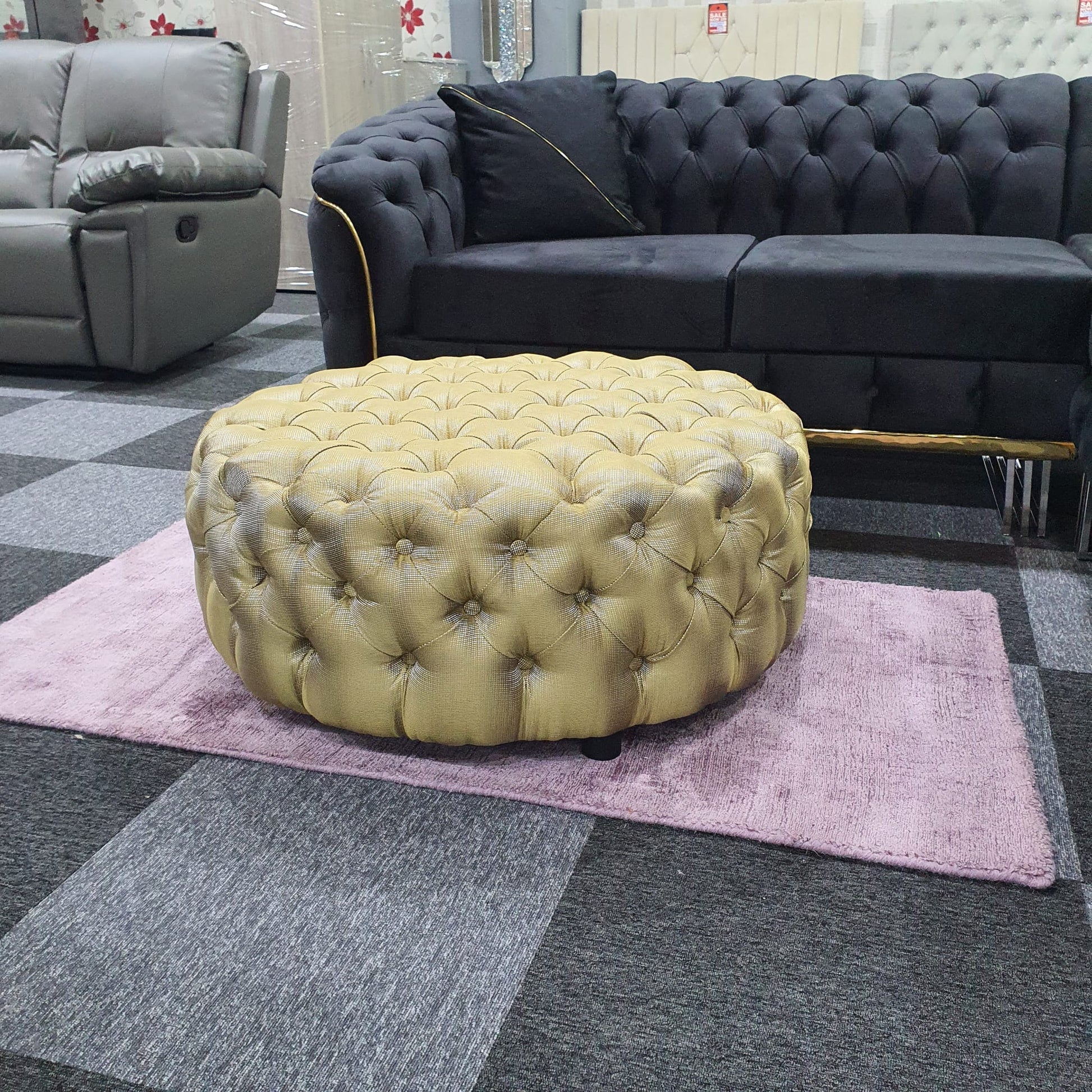 Chesterfield Style Round Golden Footstool - MNS (MY NEW SOFA) LTD