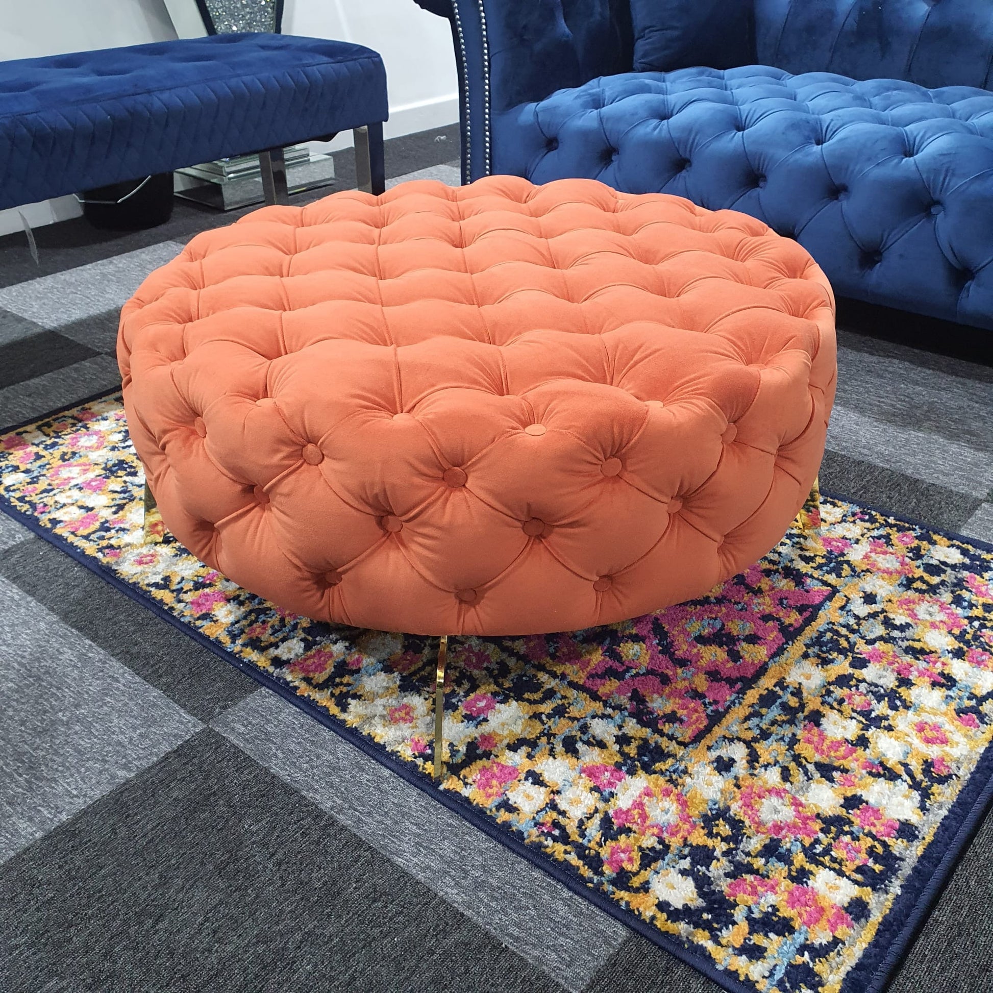 Chesterfield Style Round Orange Footstool - MNS (MY NEW SOFA) LTD