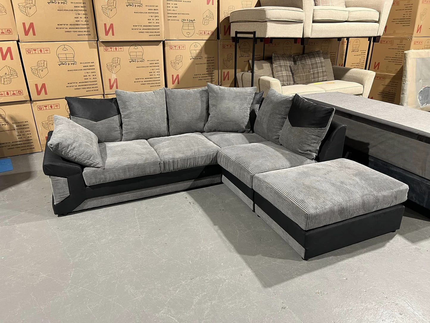 NEW LARGE DINO CORNER SOFA JUMBO CORD GREY BLACK OR BEIGE BROWN LEFT OR RIGHT(Grey Black right). Fire resistant as per British Standards, foam filled seats for comfort.