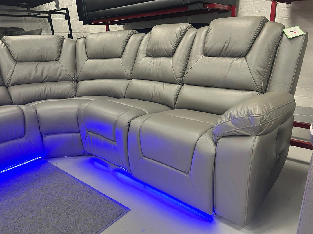 MNS Oxford Leather Electric Recliner Corner Sofa with Cupholders, USB Charging Ports, LED Lights – Leather Corner Sofa