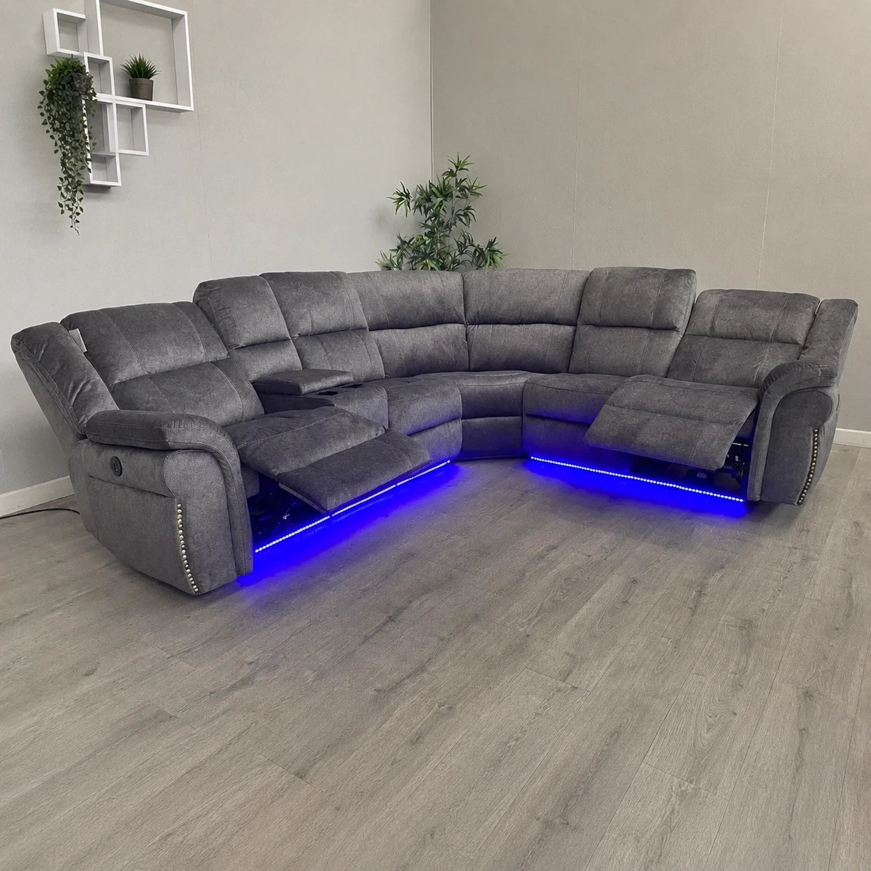 Berlin Microfibre Fabric Electric Recliners Corner Sofa- USB/ Blue LED Strip