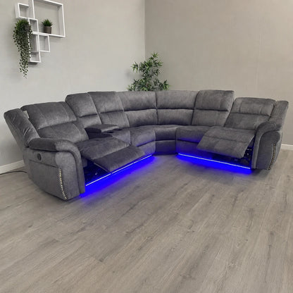Berlin Microfibre Fabric Electric Recliners Corner Sofa- USB/ Blue LED Strip