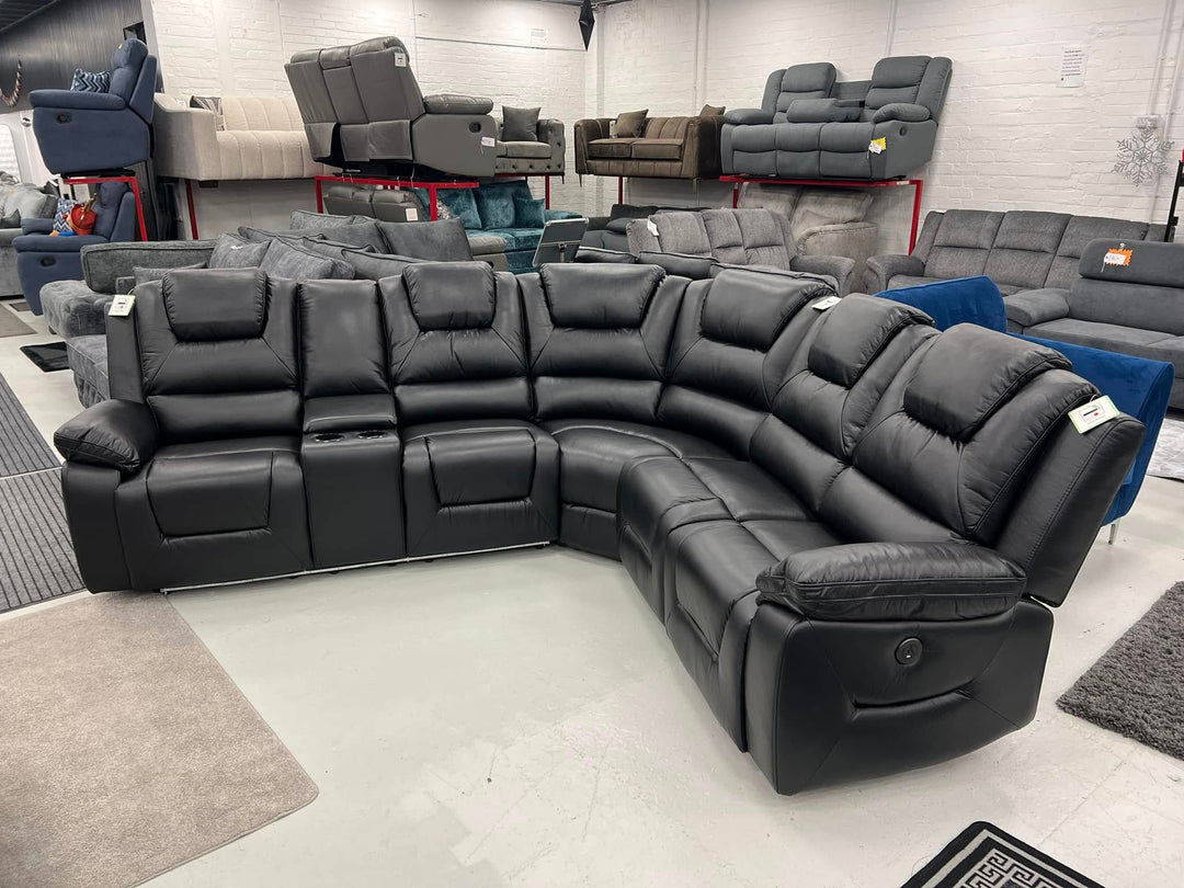 MNS Oxford Leather Electric Recliner Corner Sofa with Cupholders, USB Charging Ports, LED Lights – Leather Corner Sofa