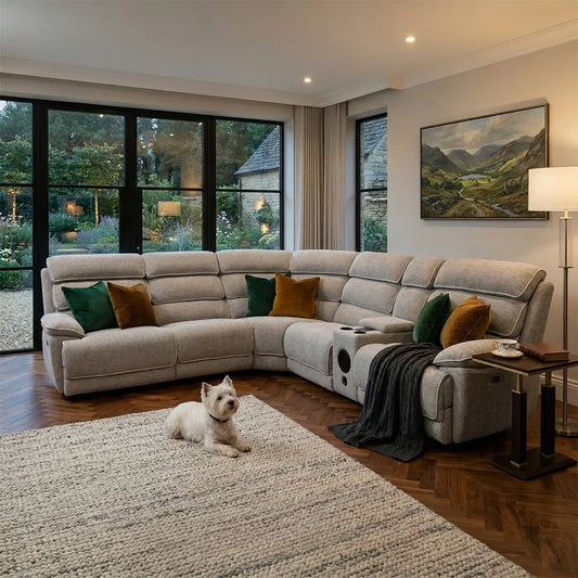 Lakelyn Fabric Recliner Corner Sofa, Light Grey, Upholstered with Storage Console| Electric| Bluetooth Fabric