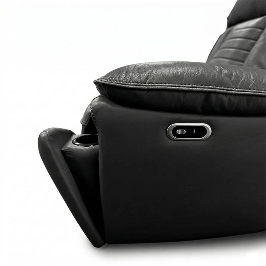 Savilla Electric Leather Recliner Sofa Set – 3+2 Seater with Cup Holders, USB & Type-C Charging Ports, LED Lighting & Wireless Charging, Black & Grey