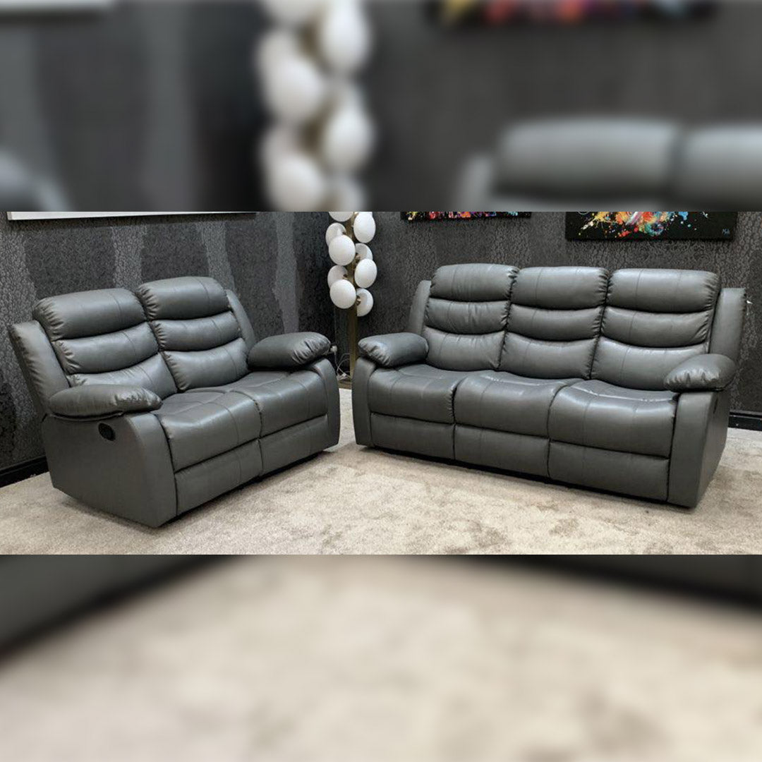 Roma Leather Recliner Sofa with Cupholders - 3+2 Seater Sofa - Grey (3+2 Seater)