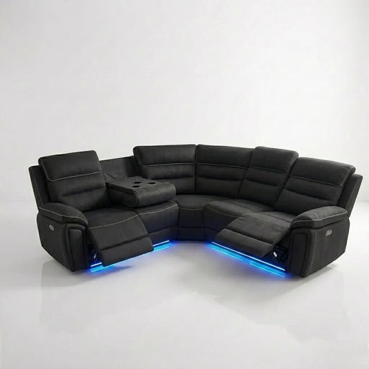 Venice Fabric Electric Recliner Sofa Set with LED Lighting, Corner Sofa with USB and Type-C Charging Ports, Wireless Charging & Cup Holders