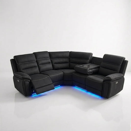 Venice Fabric Electric Recliner Sofa Set with LED Lighting, Corner Sofa with USB and Type-C Charging Ports, Wireless Charging & Cup Holders
