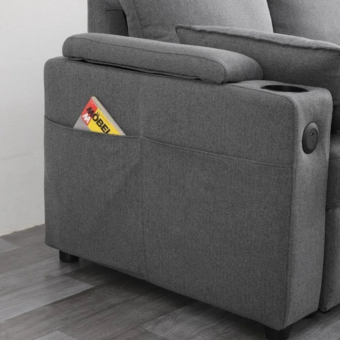 Francesca Sofa Bed (Universal) in Grey fabric - USB - Storage - Cuphoders - Bed - Magazine Pocket
