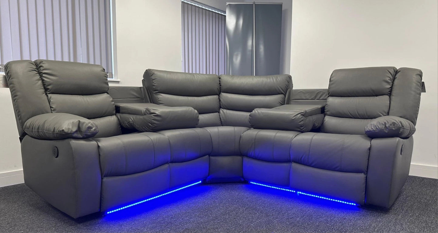 Roma Leather Electric Recliner Corner Sofa – Grey & Black LED Lights & Cup Holders