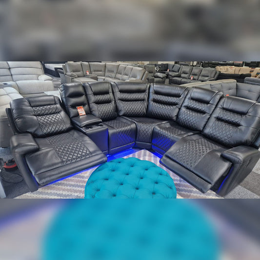 Halifax Leather Electric Recliner Corner Sofa Black -USB Ports