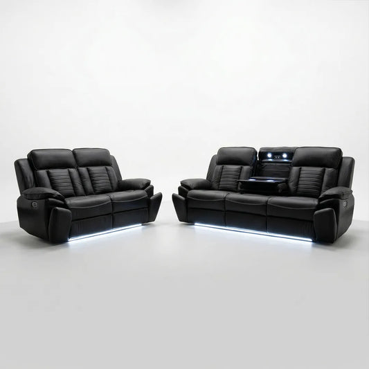 Savilla Electric Leather Recliner Sofa Set – 3+2 Seater with Cup Holders, USB & Type-C Charging Ports, LED Lighting & Wireless Charging, Black & Grey