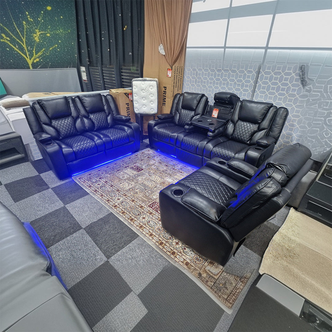 MNS Orlando Electric Recliners 3+2 Seater Leather Sofa (Black, Grey) /LED LIGHTS/WIRELESS CHARGER