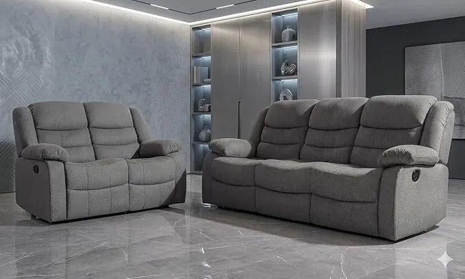 MNS Roma Fabric Reclining Sofa, Grey Fabric, 3+2 Seater with Cup Holders
