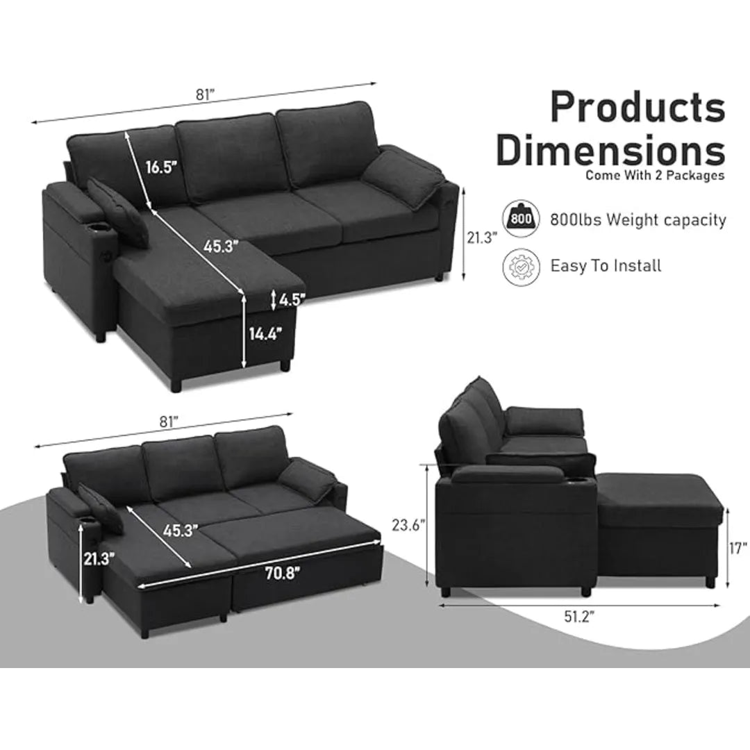 Francesca Sofa Bed (Universal) in Grey fabric - USB - Storage - Cuphoders - Bed - Magazine Pocket
