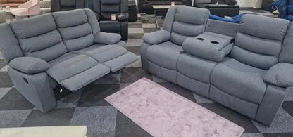 MNS Roma Fabric Reclining Sofa, Grey Fabric, 3+2 Seater with Cup Holders

