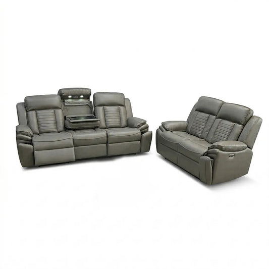 Savilla Electric Leather Recliner Sofa Set – 3+2 Seater with Cup Holders, USB & Type-C Charging Ports, LED Lighting & Wireless Charging, Black & Grey