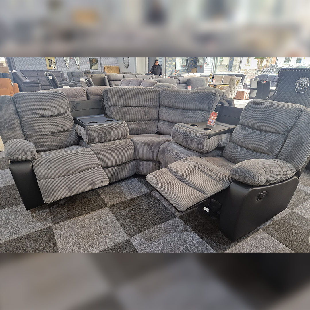 Rio Jumbo Cord Recliner Corner Sofa With Cupholders - Manual Reclining - Recliner Corner Sofa (Corner - Grey/Black)