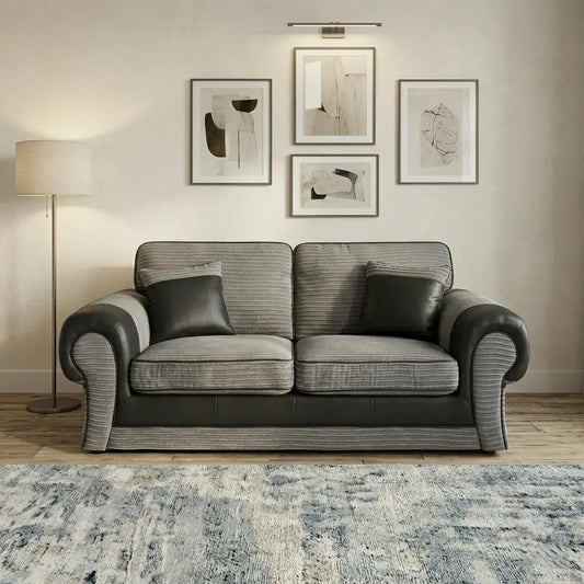 Tango 3+2 Seater Sofa Set – Jumbo Cord Fabric with Leather Detail  Grey & Brown