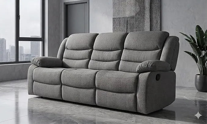 MNS Roma Fabric Reclining Sofa, Grey Fabric, 3+2 Seater with Cup Holders
